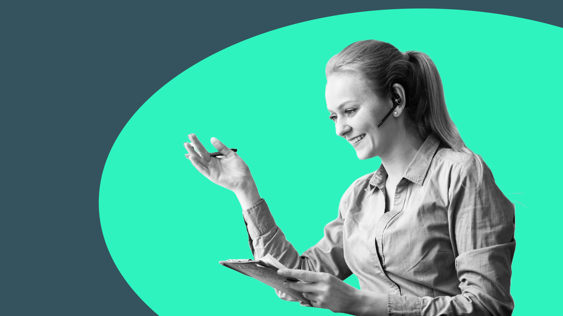 A woman works on her side hustle as a virtual assistant, talking to a client through a headset
